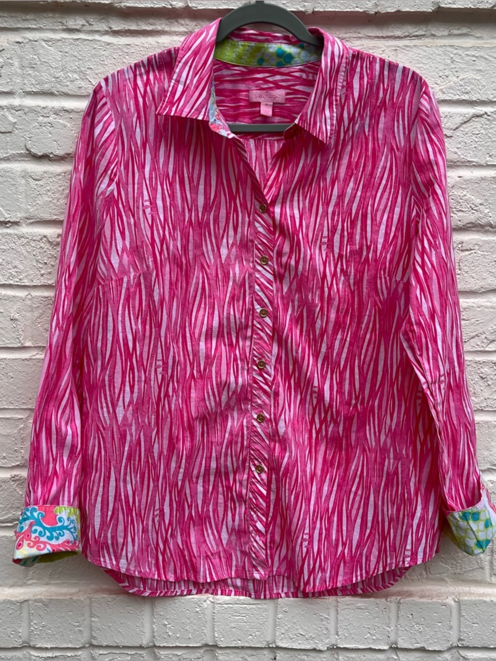 Lilly Pulitzer Pink Long Sleeve Button Down Flip Sleeves Size 16 Cotton